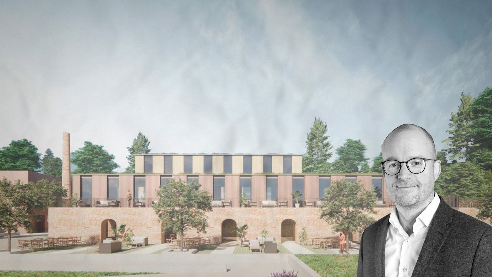 El empresario sueco Johan Aspehof junto con un render del futuro macrocomplejo de pádel en Viladecans