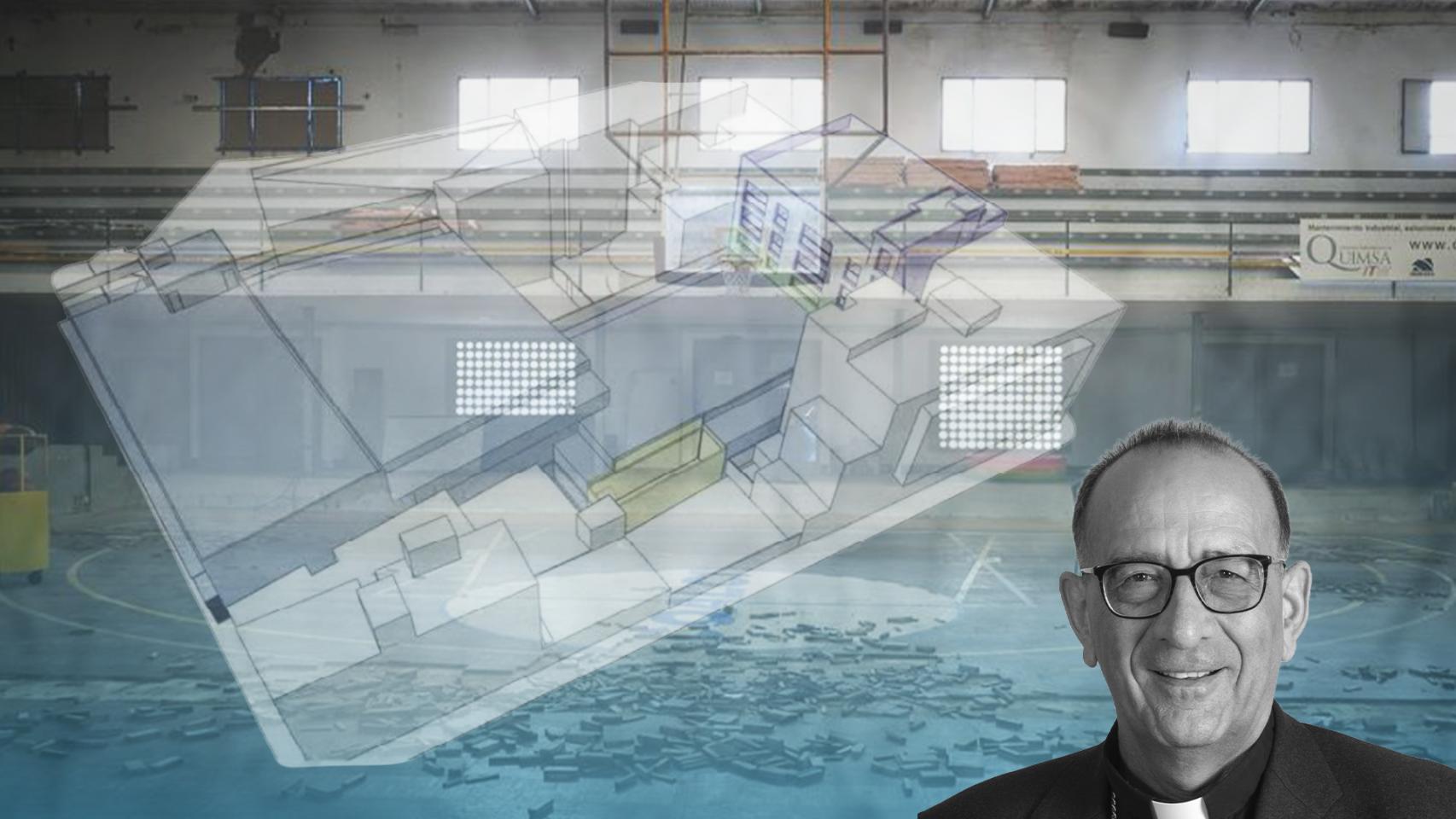 Omella con un render del futuro edificio 