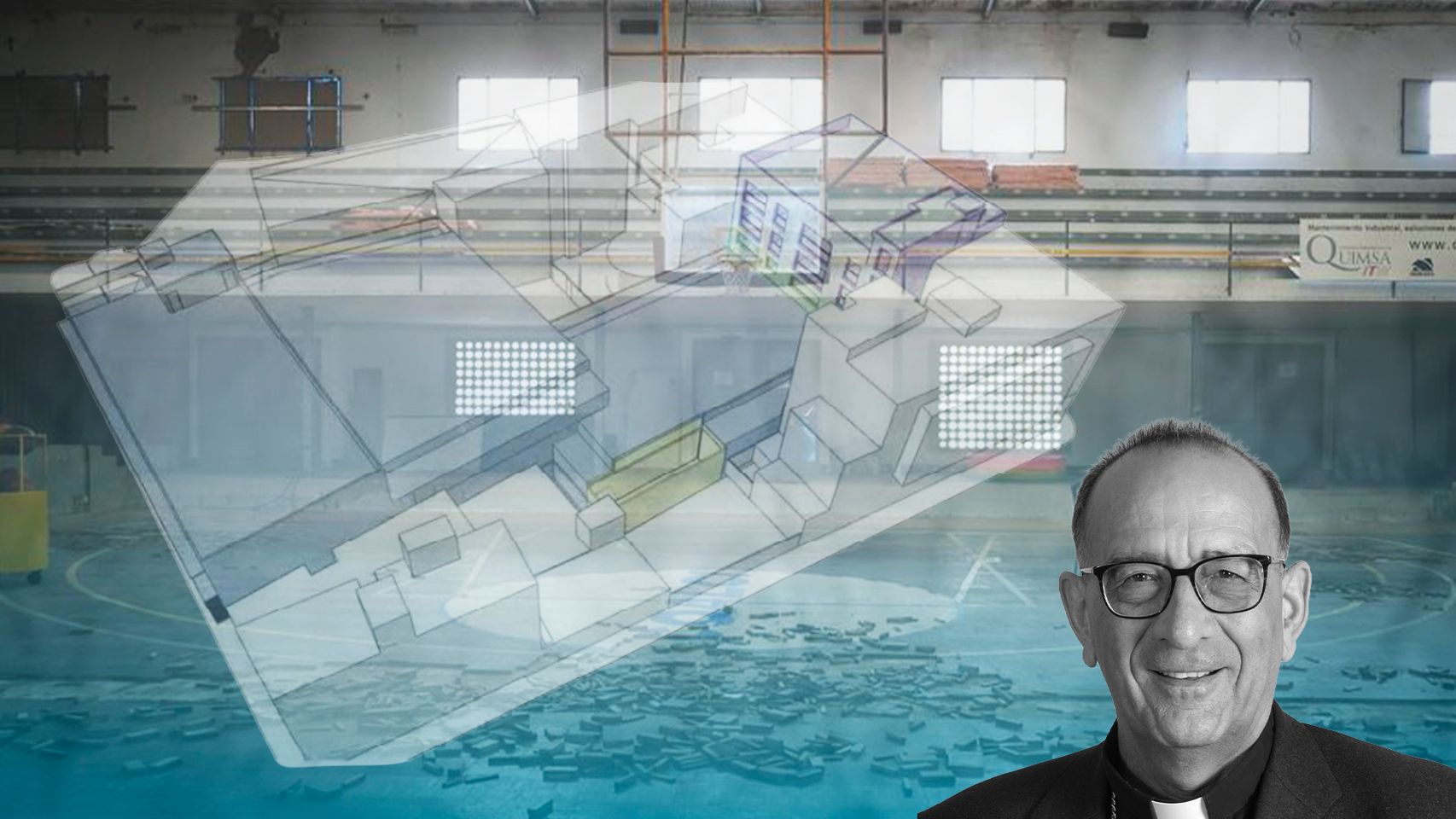 Omella con un render del futuro edificio 
