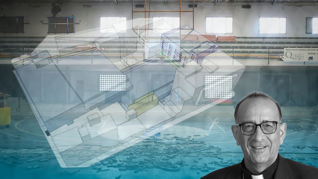 Omella con un render del futuro edificio 