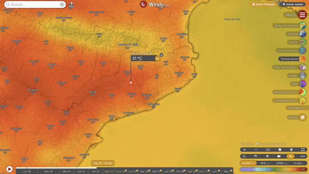 Mapa de temperatura en superfície per al primer episodi de calor d'aquest any
