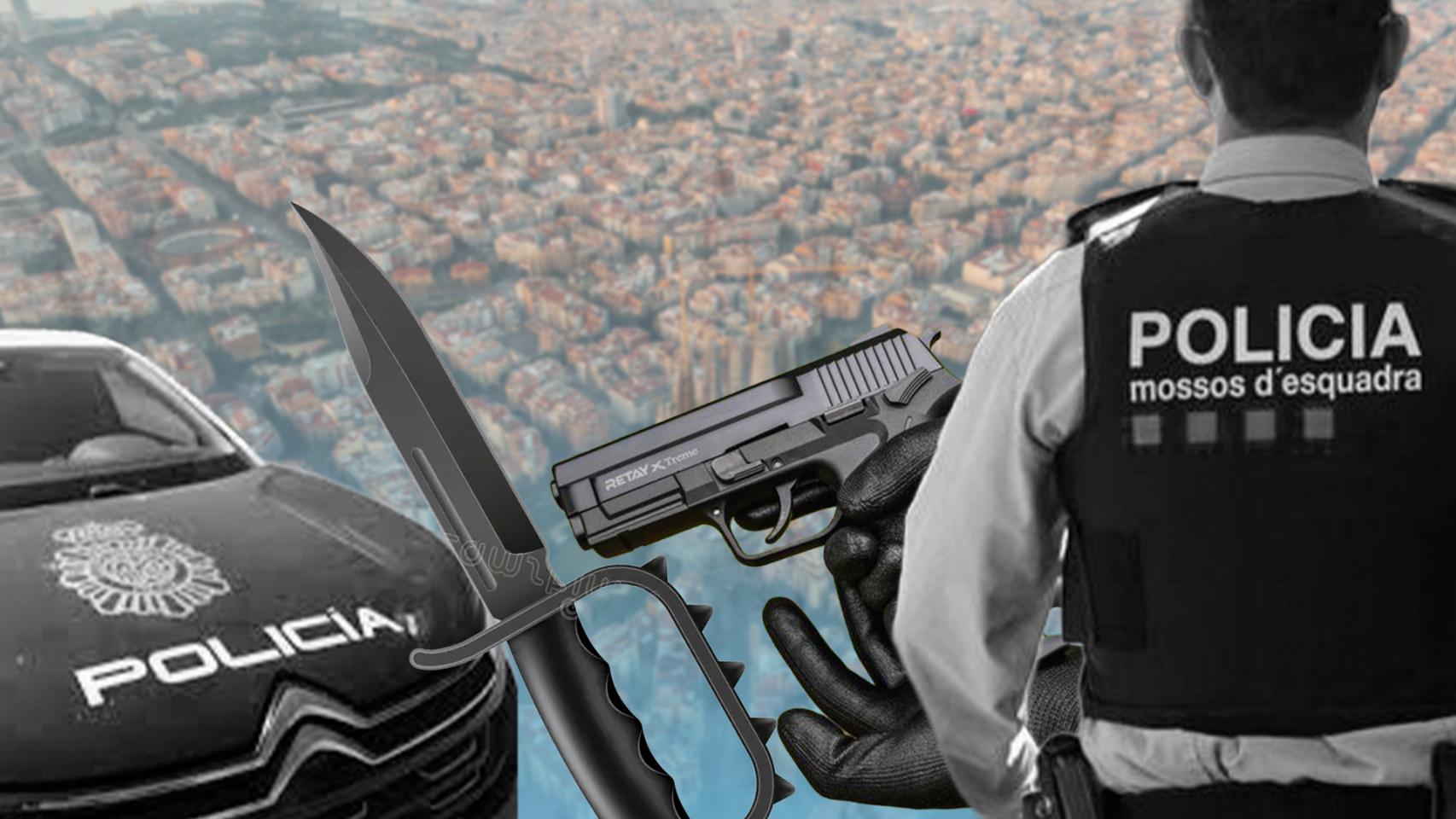 Fotomontaje de armas y agentes de la policía en Barcelona