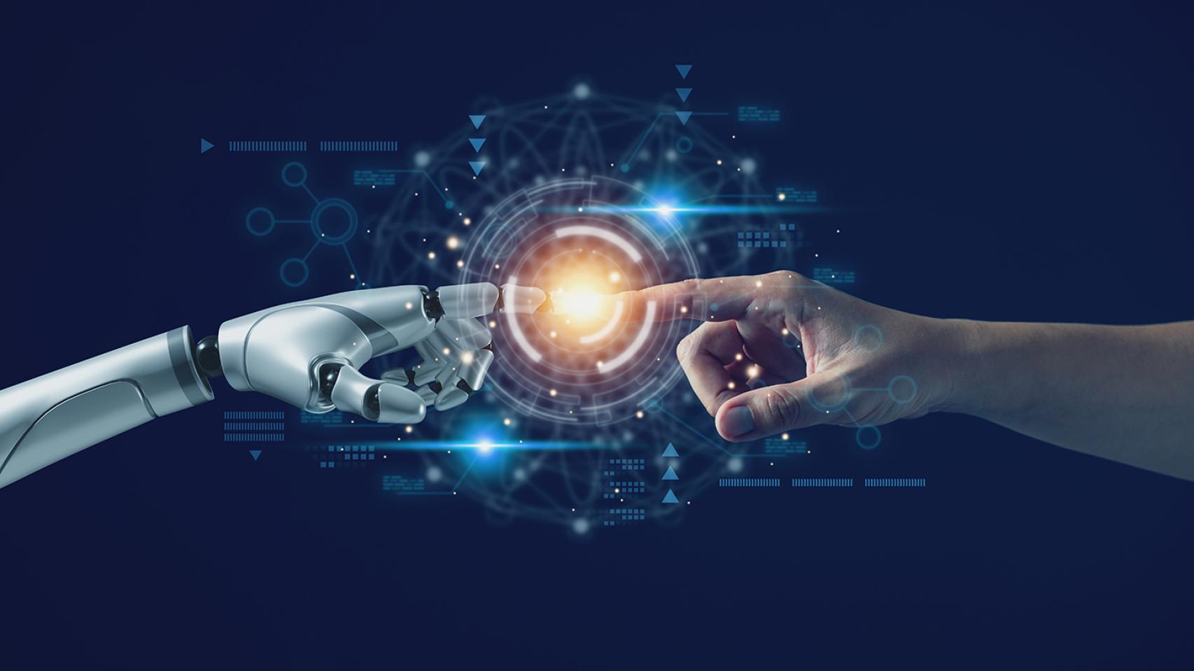 Representación gráfica de inteligencia artificial con el contacto de dos dedos, uno humano y otro biónico