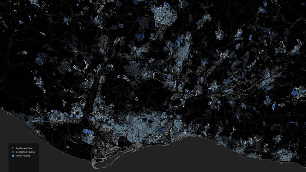 Mapa del gemelo digital de Aretian con las viviendas actuales y las proyectadas en la región metropolitana de Barcelona
