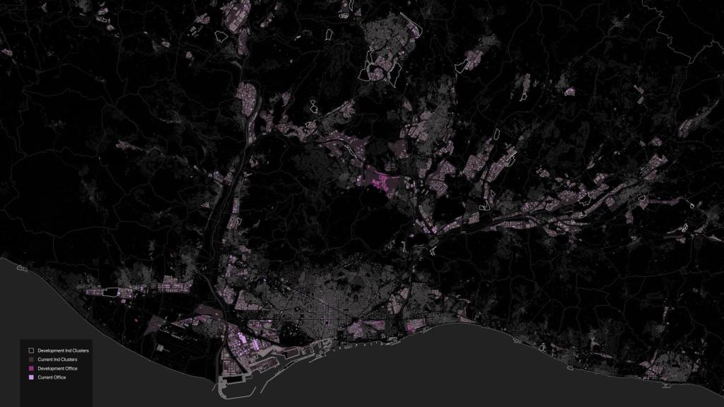 Mapa del gemelo digital de Aretian con las oficinas actuales y las proyectadas en la región metropolitana de Barcelona