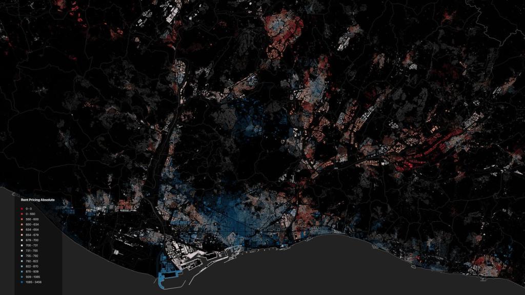 Mapa del gemelo digital de Aretian con la clasificación de precios de la vivienda en la región metropolitana de Barcelona