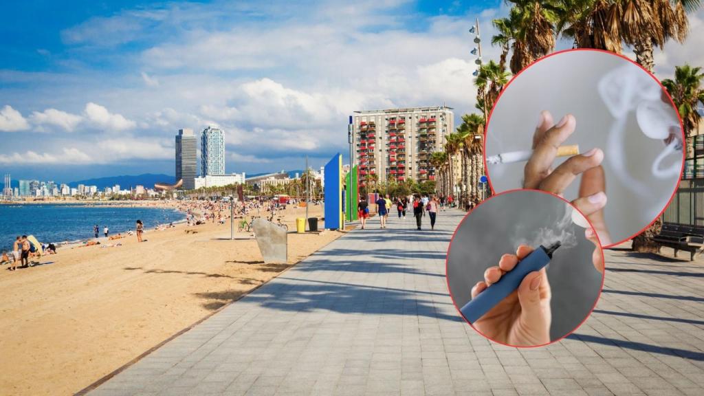 Fotomontaje de la playa de Barcelona, un vapeador y una persona fumando tabaco 