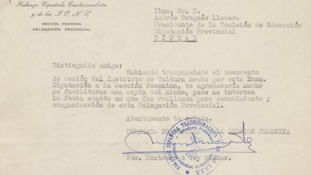 Copia del documento de cesión a la Falange