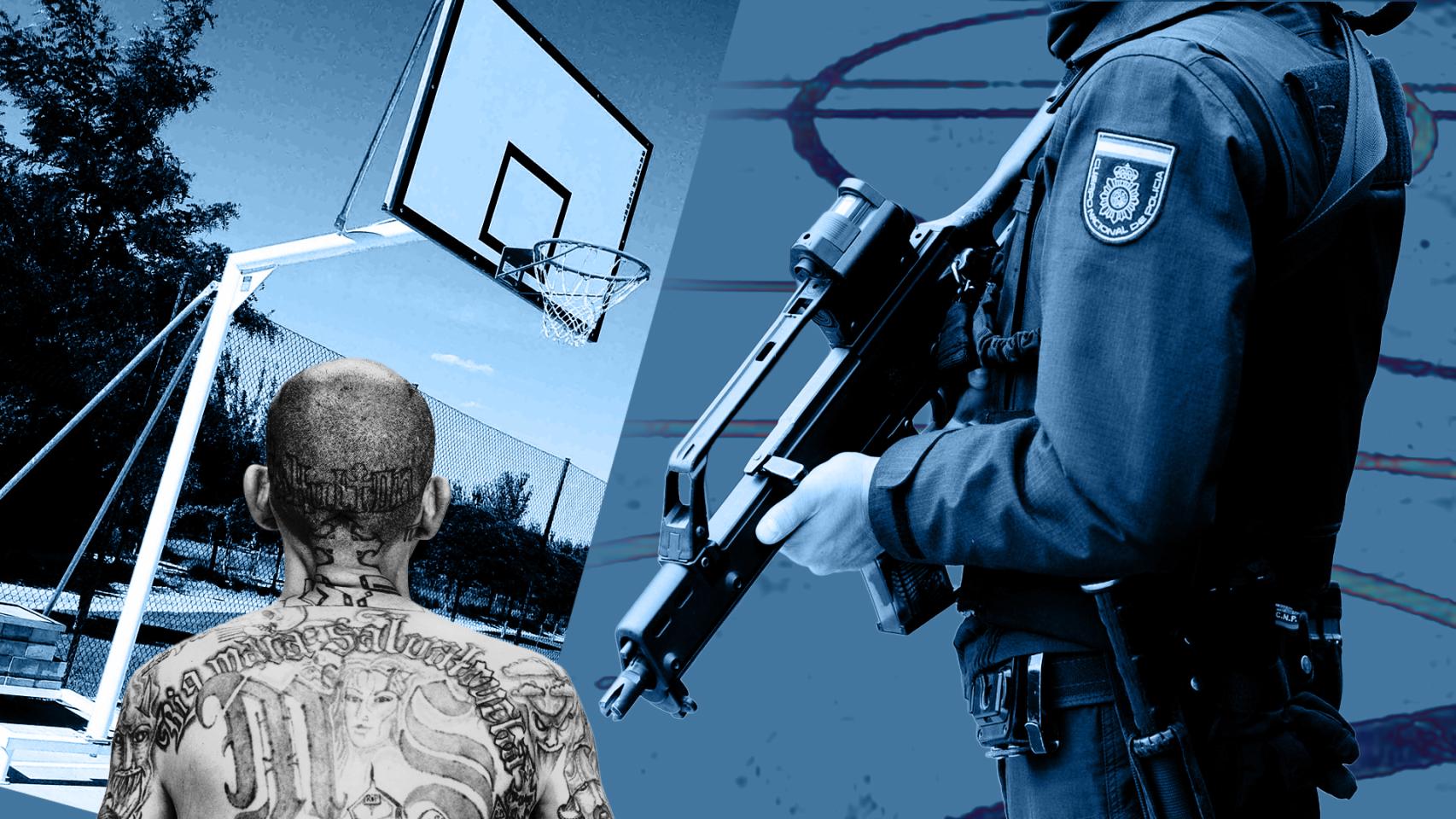 Fotomontaje con una cancha de baloncesto, un pandillero de 'Barrio 18' y un agente de Policía Nacional