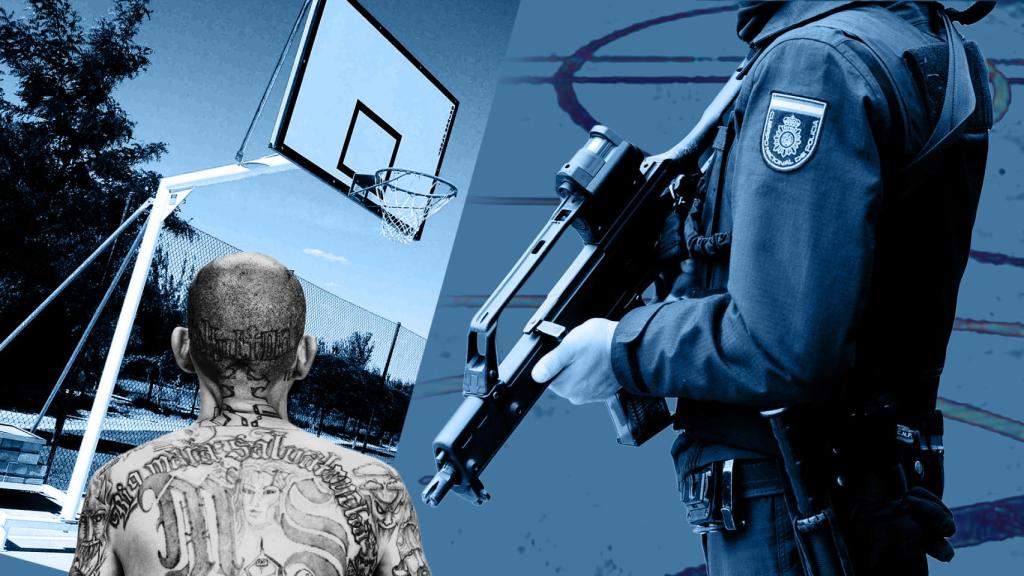 Fotomontaje con una cancha de baloncesto, un pandillero de 'Barrio 18' y un agente de Policía Nacional