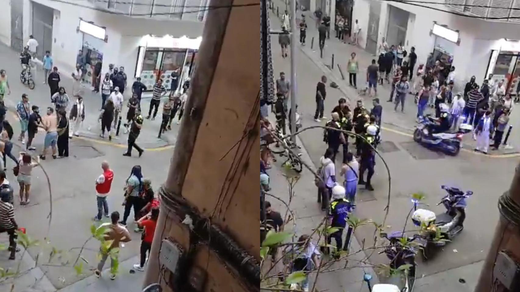 Montaje con imágenes de la pelea multitudinaria en el Raval de Barcelona