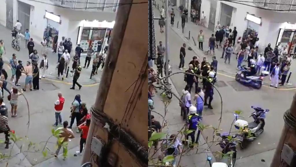 Montaje con imágenes de la pelea multitudinaria en el Raval de Barcelona